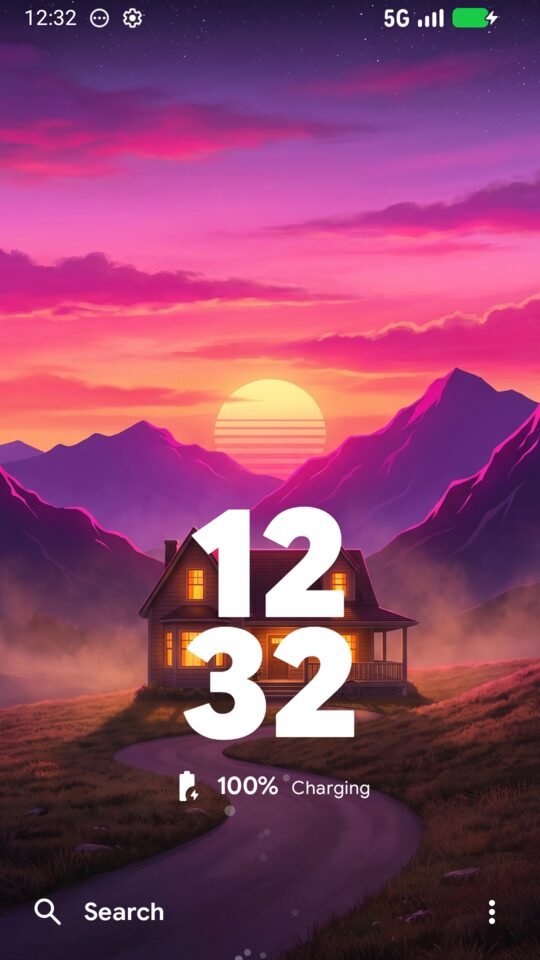 The Home zone's home screen: clock, wallpaper, search bar